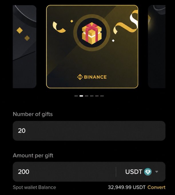 The image shows a Binance gift interface displaying 20 gifts of 200 USDT each, with a spot wallet balance of 32,949.99 USDT. This appears to be a screenshot promoting a giveaway of 200 USDT to 20 people, though notably the post mentions accepting Solana wallet submissions despite the image being from the Binance exchange platform.