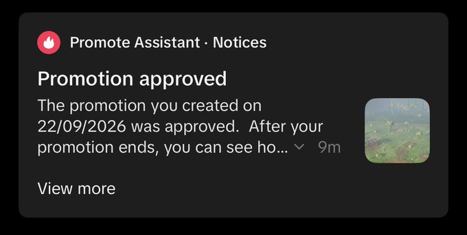 A dark notification card from 'Promote Assistant · Notices' reading 'Promotion approved — The promotion you created on 22/09/2026 was approved,' with a thumbnail image and '9m' timestamp.