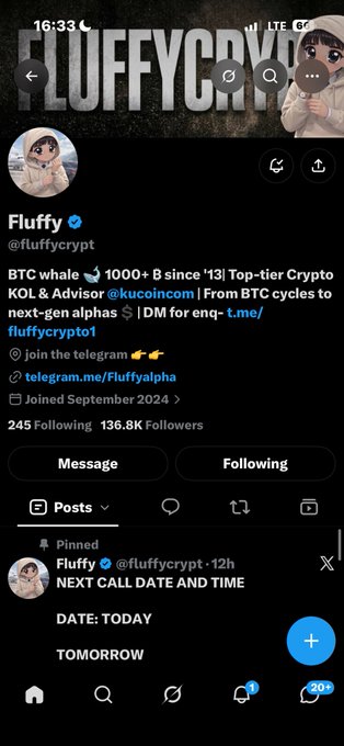 A Twitter/X profile for 'Fluffy' (@fluffycrypt) with 136.8K followers, described as 'BTC whale since '13, KOL & Advisor @kuocom', showing a pinned post with 'NEXT CALL DATE AND TIME'.