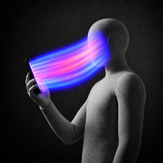 A featureless humanoid figure holds a smartphone that emits glowing blue and pink streams of light into its head, visually representing the AI agent absorbing multiple data sources simultaneously as described in the caption. The colorful streams flowing from the device into the blank-faced figure symbolize the agent processing social media feeds, blockchain data, wallet activity, and group chats all at once.