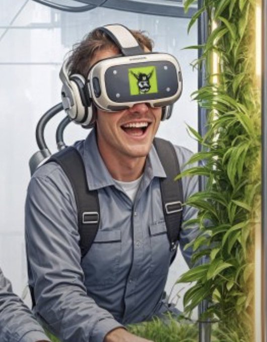 A man laughing while wearing a large VR headset and headphones that display a cartoonish green and black icon.