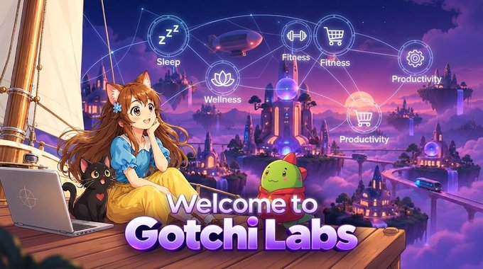 A promotional illustration features an anime-style girl with cat ears next to a small creature, set against a purple fantasy landscape with floating islands, icons for Sleep, Fitness, Wellness, and Productivity, and the text 'Welcome to Gotchi Labs'.