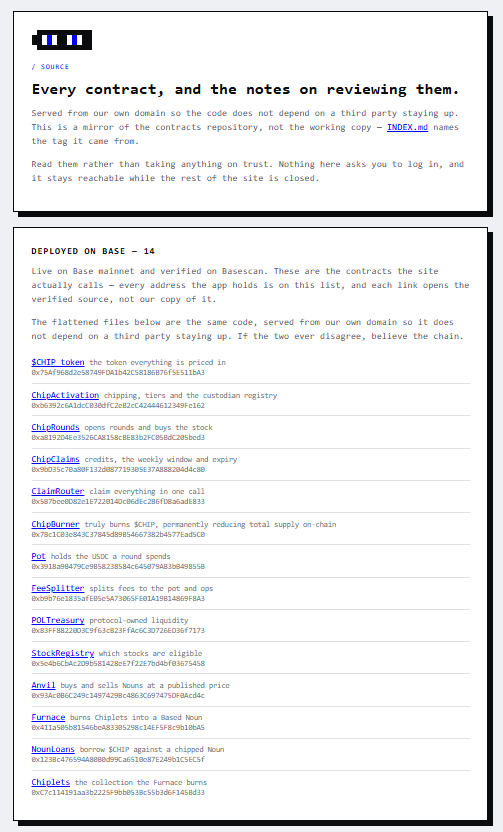 A Source64 webpage says “Every contract, and the notes on reviewing them,” and lists verified smart contracts deployed on Base, including $CHTP, ChipActivation, ChipBounds, ChipClaims, ClaimRouter, and others.