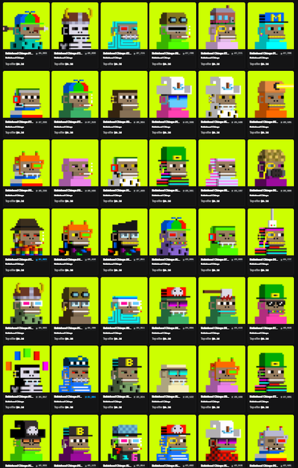 A grid of 42 pixel-art character portraits set against bright green backgrounds, each labeled "RabbitroidChoglin..." followed by a number and description, likely representing an NFT collection. The image visually represents the post's theme of doubling down on a digital asset for cultural and community reasons.