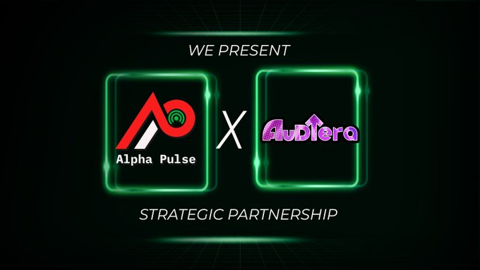 A digital graphic announcing a 'STRATEGIC PARTNERSHIP' between 'Alpha Pulse' and 'Audiera', displayed with glowing green neon frames and logos.