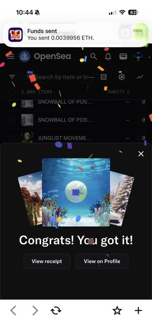 A mobile screenshot shows the OpenSea app celebrating a successful NFT purchase with confetti, displaying 'Funds sent: You sent 0.0039956 ETH,' 'Congrats! You got it!', and buttons to 'View receipt' and 'View on Profile' over a card depicting an underwater scene.