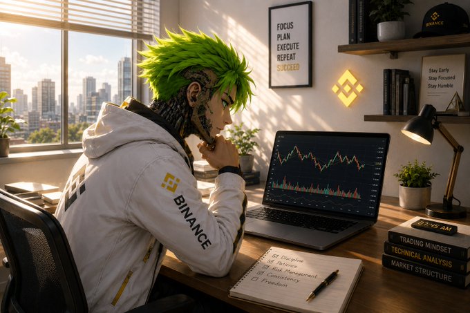 An anime-style character with green hair wearing a white 'BINANCE' hoodie studies stock charts on a laptop, with motivational posters about focus and planning visible in the workspace.