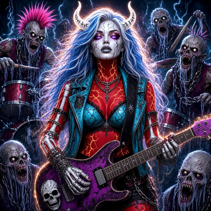 Vibrant digital artwork of a demonic female rock guitarist with blue hair, horns, and a cracked face, playing a purple skull-decorated guitar in front of zombie bandmates.