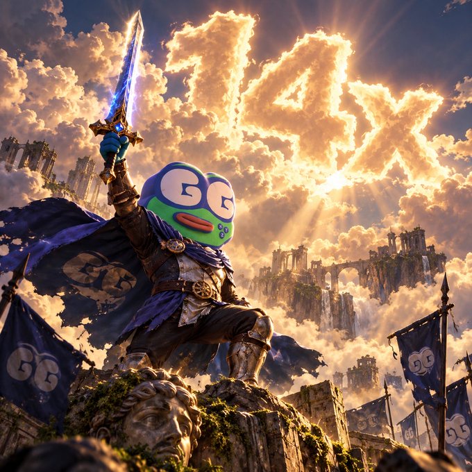 A fantasy illustration of a knight in armor with a Pepe the Frog face holding a glowing blue sword aloft, with the word 'PRAY' formed by sunlit clouds in the sky.