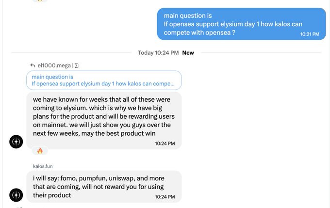 A Telegram-style chat shows a question about Elysium and Kalos, with replies mentioning “mainnet,” rewards for users, and “fomo, pumpfun, uniswap.”