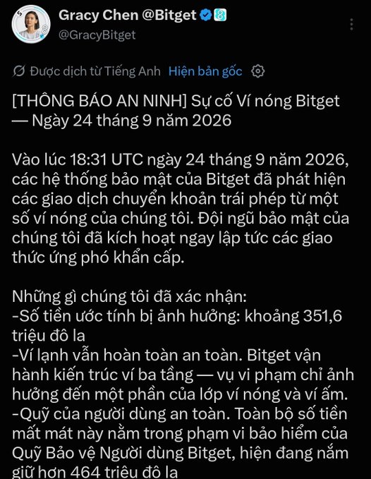 A tweet from Gracy Chen (@GracyBitget) announcing a security incident on September 24, 2026, in which Bitget's security systems detected abnormal transfer transactions from one of its hot wallets at 18:31 UTC, resulting in an estimated loss of approximately $351.6 million, though cold wallets and user funds remain safe under Bitget's User Protection Fund holding over $464 million.