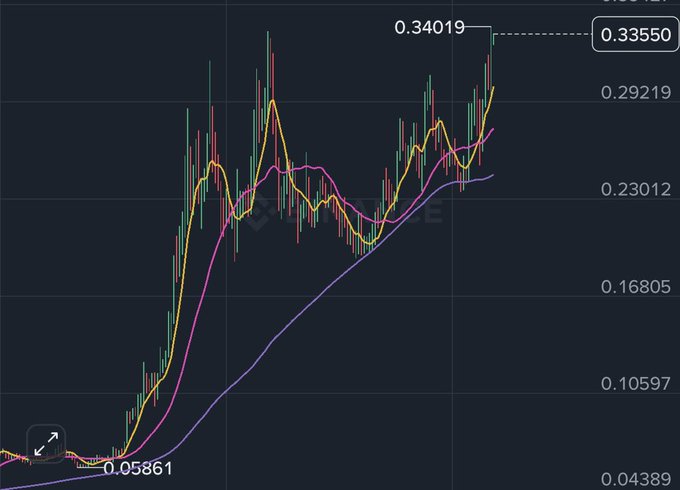 A cryptocurrency or stock trading chart on a dark background showing candlesticks and moving averages, with a peak price labeled at 0.34019 and a low of 0.05861.
