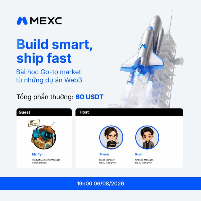 A MEXC promotional poster titled "Build smart, ship fast" advertising a Go-to market lessons webinar with 60 USDT in total rewards, featuring guest Mr. Tyr from CommandOSS and hosts Theon and Rum, scheduled for 19H00 06/08/2026.
