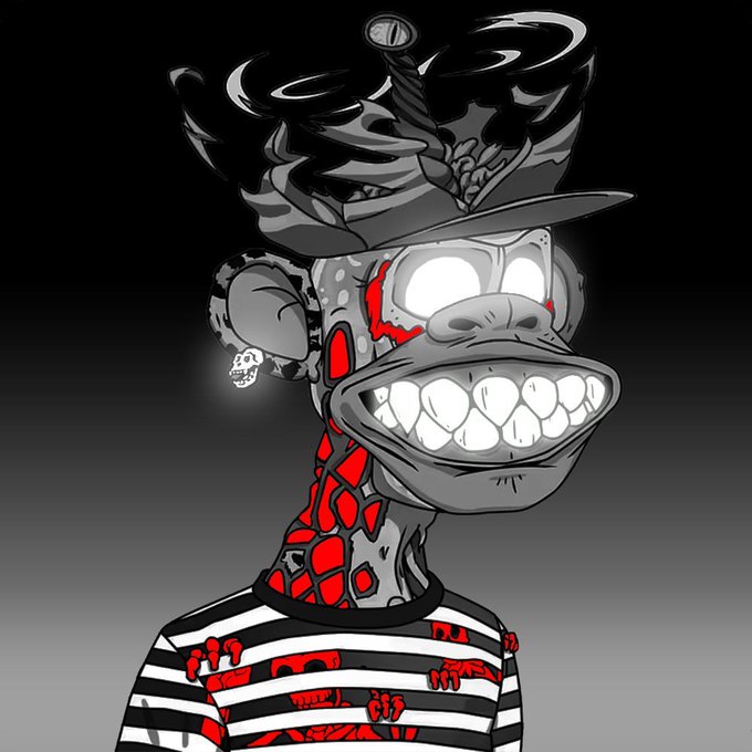 A stylized cartoon illustration of a zombie-like character with glowing white eyes, exposed teeth, and red cracked skin, wearing a black hat with a nail and a striped shirt.