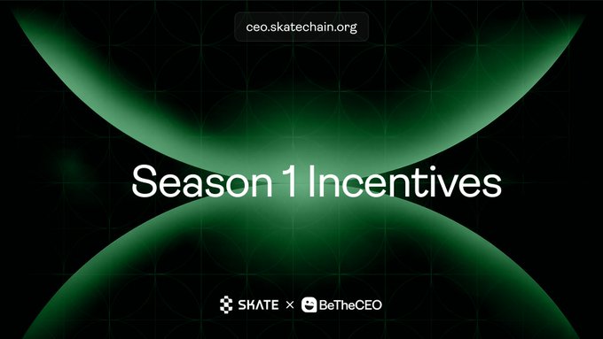 A green-themed graphic displays "Season 1 Incentives" in white text on a dark background with geometric shapes, including the URL "ceo.skatechain.org" and logos for SKATE and BeTheCEO.