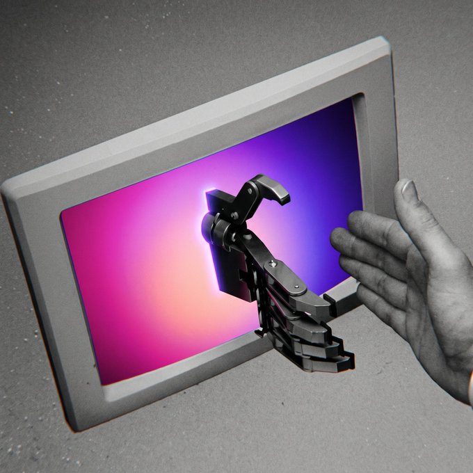 A robotic hand extends from a vibrant pink and purple digital screen, reaching out toward a human hand in a surreal 3D rendering.

The image visually captures the post's theme of human-AI collaboration, with the robotic hand emerging from the "screen" (representing AI/digital realm) meeting the human hand—symbolizing how OKX.ai bridges everyday users with AI agents to automate the "dirty work" of coordination and settlement, letting people participate in the AI Agent marketplace without needing technical expertise.