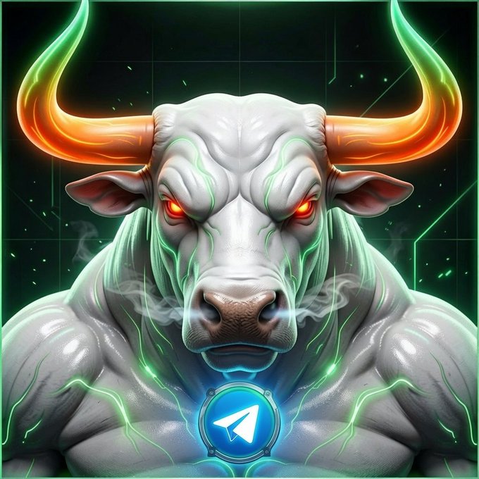 A powerful white bull with glowing orange horns and fiery red eyes stares intensely forward, with green energy coursing through its muscular frame and steam rising from its nostrils, symbolizing bullish momentum in crypto markets. The Telegram logo on its chest aligns with the post's call for $LEVI traders to join the "white bull" Telegram group.