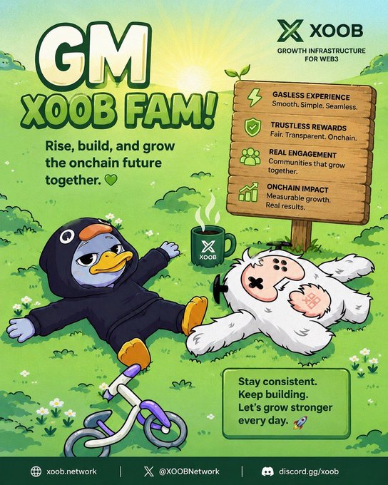 The image features a poster for a company called XOOB Network that promotes a new product or service related to Web3 technology. The poster includes two cartoon penguins wearing black and white outfits, with one holding a cup of coffee while the other is lying on its back. The text on the poster encourages users to "Stay consistent, stay focused, and keep building" in relation to the XOOB Network's Web3 offerings.