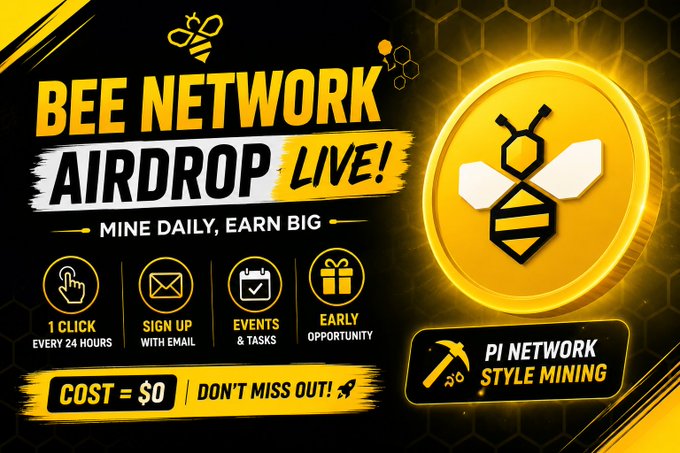 A promotional graphic for a 'BEE NETWORK AIRDROP LIVE!' campaign featuring a bee coin, offering 'MINE DAILY, EARN BIG' and 'PI NETWORK STYLE MINING' with features like '1 CLICK' and 'COST = $0'.