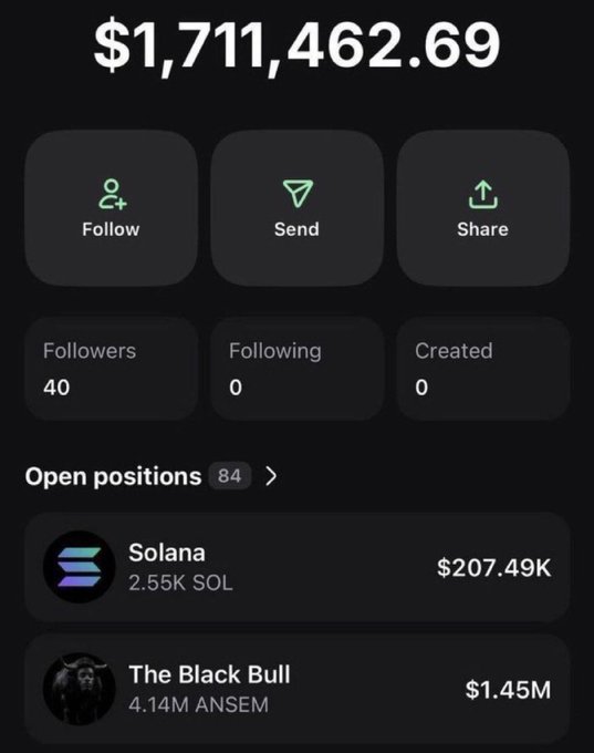 A mobile screenshot displays a portfolio showing a total balance of $1,711,462.69, featuring open positions in Solana ($207.49K, 2.55K SOL) and "The Black Bull" ($1.45M, 4.14M ANSEM), alongside the post's call-to-action asking followers to share their $SOL addresses.