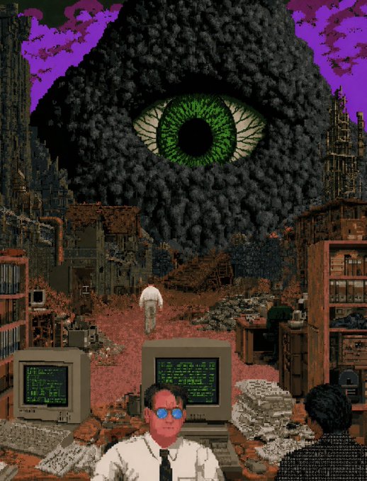 A detailed pixel art illustration portrays a dystopian scene with a giant, menacing green eye floating above a ruined city while two office workers sit at computers below.