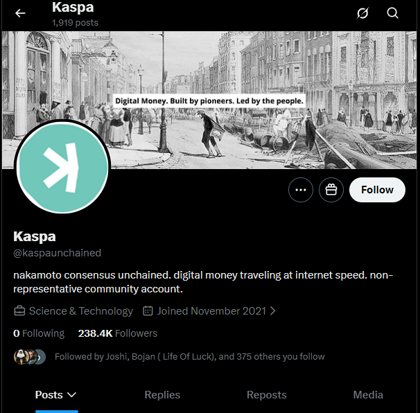 A screenshot of Kaspa’s X profile (@kaspaunchained) shows 238.4K followers, “1,919 posts,” and the tagline “nakamoto consensus unchained. digital money traveling at internet speed. non-representative community account.” It supports the accompanying complaint about the official $KAS account not being verified and not posting for 13 days.
