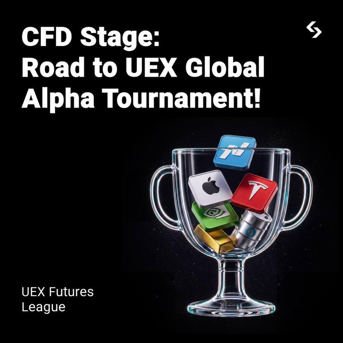 An advertisement for 'CFD Stage: Road to UEX Global Alpha Tournament' from UEX Futures League featuring a trophy filled with Apple, Tesla, NVIDIA, and other tech logos.