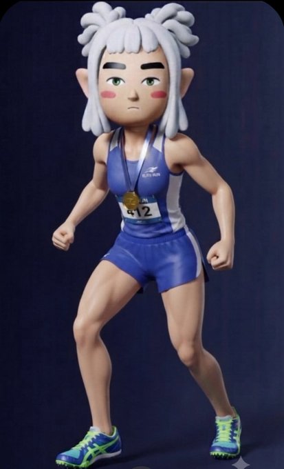 A 3D-rendered character with white pigtails, pointed ears, and green eyes stands in an athletic runner's pose wearing a blue "12" jersey and gold medal. The image relates to the #STEPN post by visualizing the gradual impact of the STEPN move-to-earn fitness app in a cartoonish, anime-inspired style.