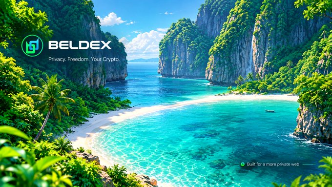 A tropical beach scene with turquoise water and cliffs features the 'BELDEX' logo and the text 'Privacy. Freedom. Your Crypto.'