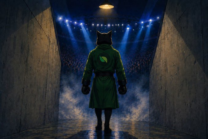 The image features a person wearing a green coat, standing in front of a crowd at an event with blue lights illuminating them. The person appears to be a character from a movie or show, possibly a superhero or a character from a video game franchise. They are holding a pair of gloves and seem to be preparing for battle or some other action. The image is accompanied by a caption that reads "I'm going all in on the Bullpen 1k → 100k Challenge Competing for the top spot using @pear_protocol pair trading engine powered by @agent_pear on top of @BullpenFi This is going to be fun. Let's see who brings the heat."