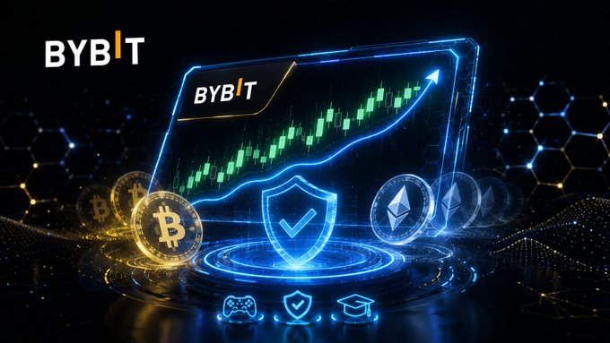A digital advertisement for BYBIT cryptocurrency exchange, featuring a holographic trading chart trending upward, a security shield, and Bitcoin and Ethereum coins.