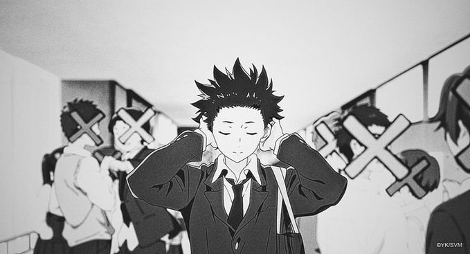 A black-and-white anime-style illustration of a spiky-haired character in a suit covering his ears while chaotic crowds marked with X symbols surround him.