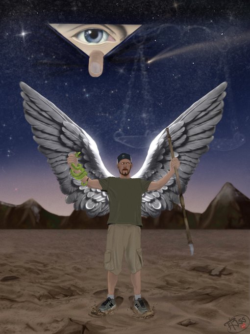 A digital illustration showing a man with large white angel wings, a baseball cap, holding a stick and a small green dragon, with an all-seeing eye in a triangle floating above against a starry sky.