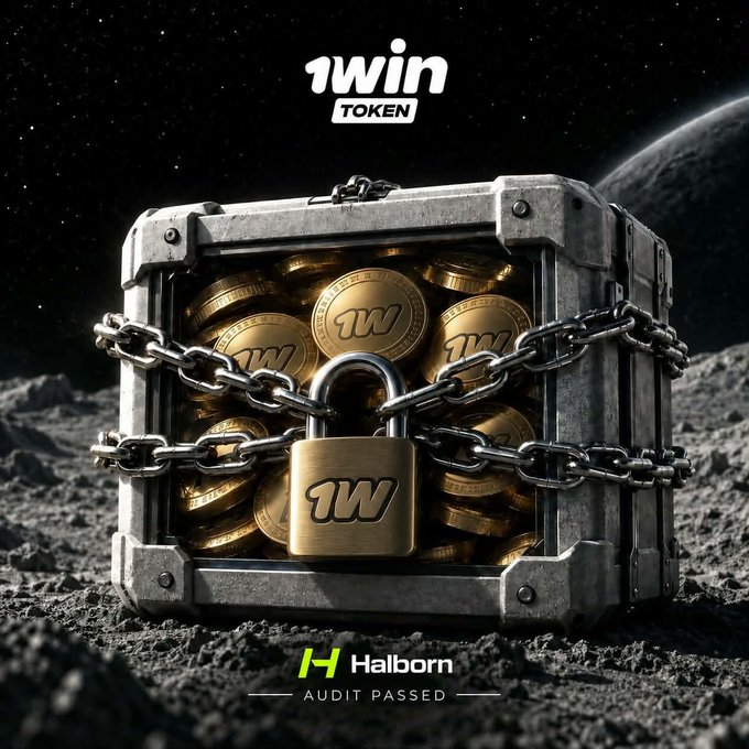 A 1win Token-branded treasure chest secured with chains and a padlock sits on a lunar surface, symbolizing security and trust in the project's smart contract audit. The image displays the "1win TOKEN" logo at the top and the "Halborn — Audit Passed" badge at the bottom, visually reinforcing the post's announcement of 1win Token successfully passing its first security audit with Halborn Security.