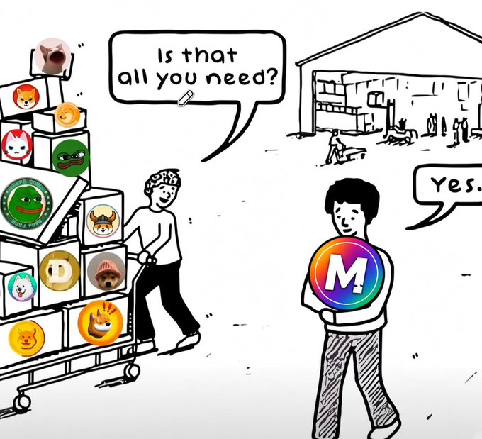 A black and white cartoon illustration shows a person pushing a cart full of boxes labeled with various cryptocurrency logos, asking 'Is that all you need?' while another person holding the M! memecoin coin replies 'Yes.'