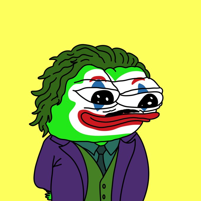 A cartoon illustration of a Pepe the Frog character styled as the Joker, with green hair, white face makeup, red lips, and a purple suit against a yellow background.