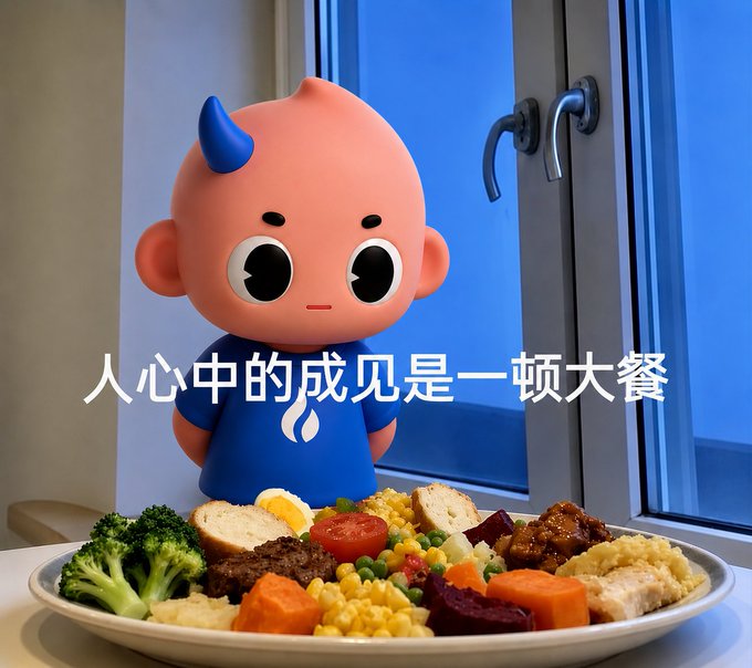 A cute 3D animated baby character with a small blue horn, wearing a blue shirt, sits behind a plate filled with various foods including broccoli, carrots, peas, corn, tomatoes, and meat. The Chinese text "人心中的成见是一顿大餐" (The preconceptions in people's hearts are a feast) appears on the image.

The image relates to the post by metaphorically suggesting that letting go of preconceptions—whether about market volatility or crypto earnings—allows one to simply enjoy the "feast" of profits, like the satisfied child ready to eat.
