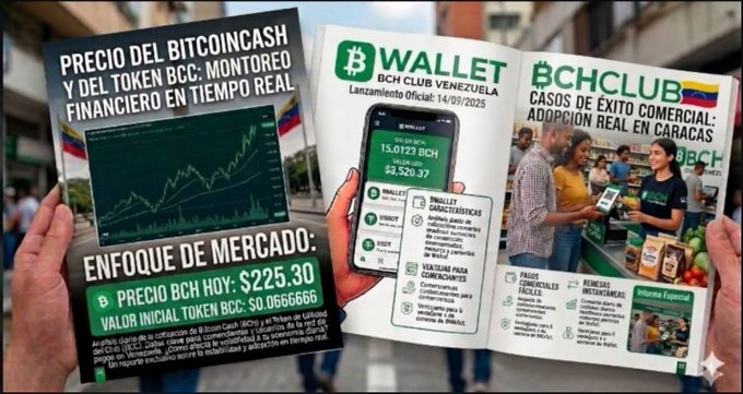 A promotional graphic showing Bitcoin Cash (BCH) information, including 'PRECIO DEL BITCOINCASH Y DEL TOKEN BCC: MONITOREO FINANCIERO EN TIEMPO REAL,' 'ENFOQUE DE MERCADO,' 'WALLET BCH CLUB VENEZUELA Lanzamiento Oficial: 14/09/2025,' 'BCHCLUB CASOS DE ÉXITO COMERCIAL: ADOPCIÓN REAL EN CARACAS,' with a price of $225.30 and a '15.01973 BCH SALDO BCH $3,520.37' displayed on a phone.