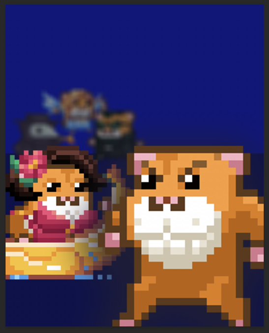 A pixel art scene featuring a large orange hamster character in the foreground and a smaller character with a flower in her hair in the background, all set against a dark blue backdrop.