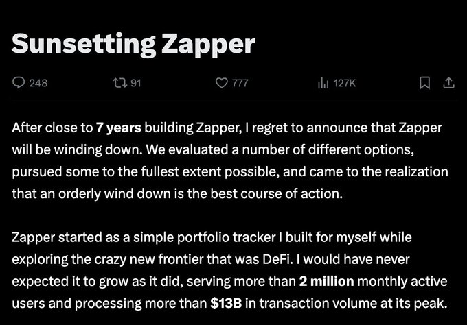 This image is a screengrab of a statement announcing the sunsetting of Zapper, a DeFi dashboard that served over 2 million users and processed billions in transactions over 7 years.