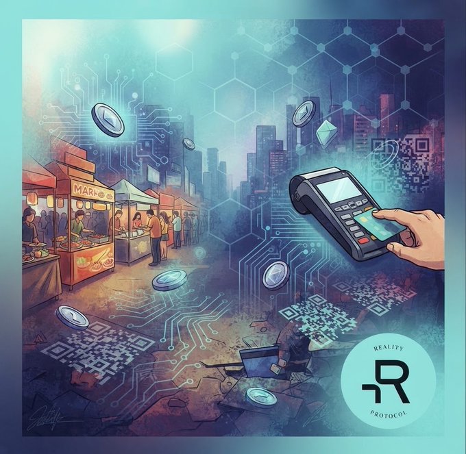 An artistic illustration depicting a bustling city market and street scene overlaid with digital circuit patterns, coins, and QR codes, while a hand uses a payment terminal in the foreground, branded with a 'Reality Protocol' logo.