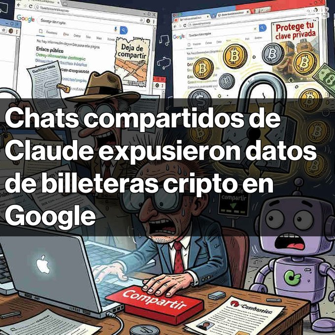 A Spanish-language AI-generated cartoon illustration with the caption 'Chats compartidos de Claude expusieron datos de billeteras cripto en Google,' depicting panicked figures and a robot reacting to leaked private keys.