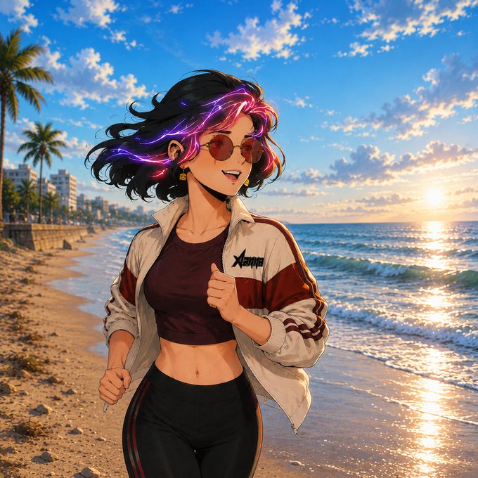 An anime-style illustration depicts a young woman with glowing pink and purple hair highlights, wearing sunglasses, a maroon crop top, and a beige jacket, running along a sunny beach.