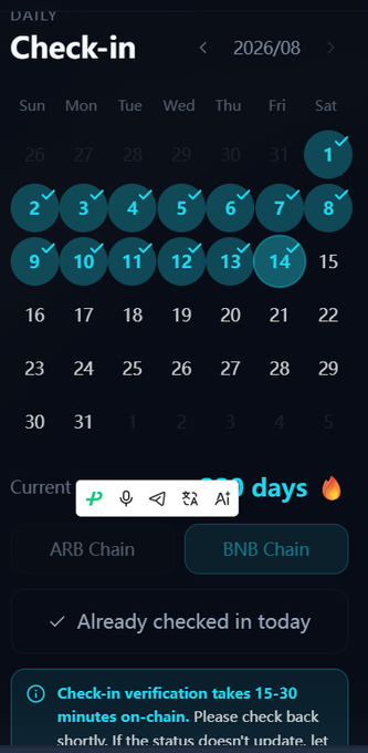 A daily check-in calendar interface for August 2026 shows consecutive checked-in days marked with teal circles and checkmarks, with options for 'ARB Chain' and 'BNB Chain', and a notice that 'Check-in verification takes 15-30 minutes on-chain.'