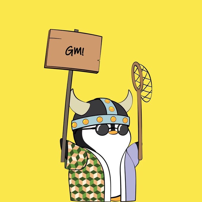 A cartoon penguin dressed as a Viking with a horned helmet, sunglasses, and patterned cloak holds a sign reading "GM!" and a net against a yellow background, serving as a cheerful "Good Morning" greeting to the Sleepagotchi community. The Viking warrior imagery plays on the post's theme of hunting for better data and wellness insights, while the "GM!" sign reinforces the friendly morning vibe of the message.