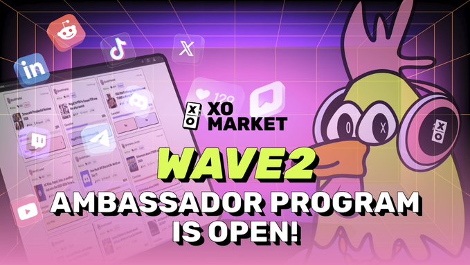The image is a vibrant promotional graphic for "XO Market" featuring the text "WAVE2 AMBASSADOR PROGRAM IS OPEN!" alongside a cartoon duck mascot wearing headphones, and a laptop displaying what appears to be a social media feed with icons for LinkedIn, TikTok, Reddit, Telegram, Twitter/X, and YouTube. It visually reinforces the announcement by showcasing the multi-platform ambassador recruitment drive with colorful 80s-style grid design elements.