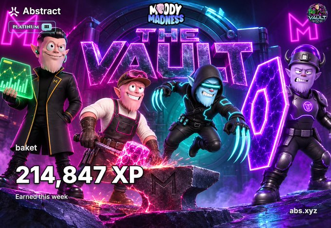 A promotional image for 'Moddy Madness' titled 'THE VAULT' shows four animated characters with '214,847 XP Earned this week' and the 'Abstract PLATINUM' and 'VAULT' logos, along with 'baket' and 'abs.xyz' text.