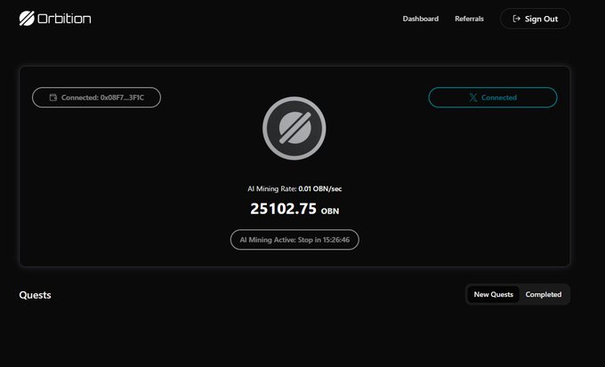 A dark dashboard for "Orbition" shows a connected status with an AI mining rate of 0.01 OBN/sec and a balance of 25102.75 OBN.