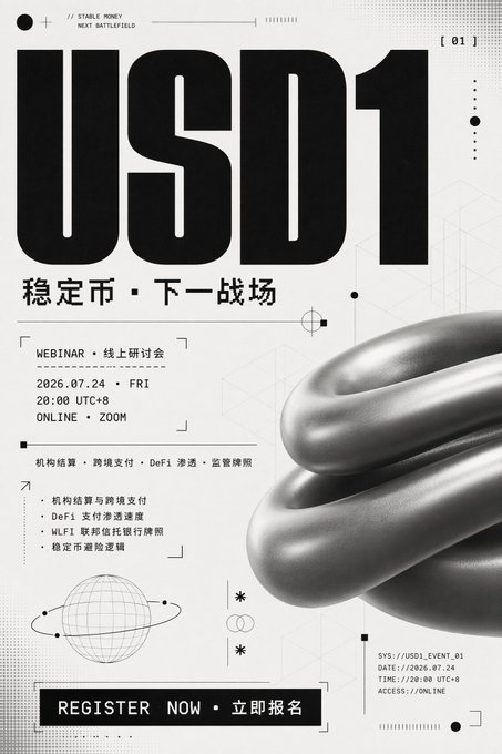 A black-and-white promotional poster for a webinar titled "USD1: 稳定币·下一战场" (Stablecoin: The Next Battlefield), scheduled for July 24, 2026, at 20:00 UTC+8 via Zoom, covering topics like institutional settlement, cross-border payments, DeFi, and stablecoin development, with registration details and ticket symbol "$SYS//USD1_EVENT_01."

The image appears to be a promotional graphic for a webinar about USD1 stablecoin, while the post discusses personal observations of USD1's rising trading volume amid broader market uncertainty—suggesting the poster promotes educational discussion about the very activity the poster is tracking.