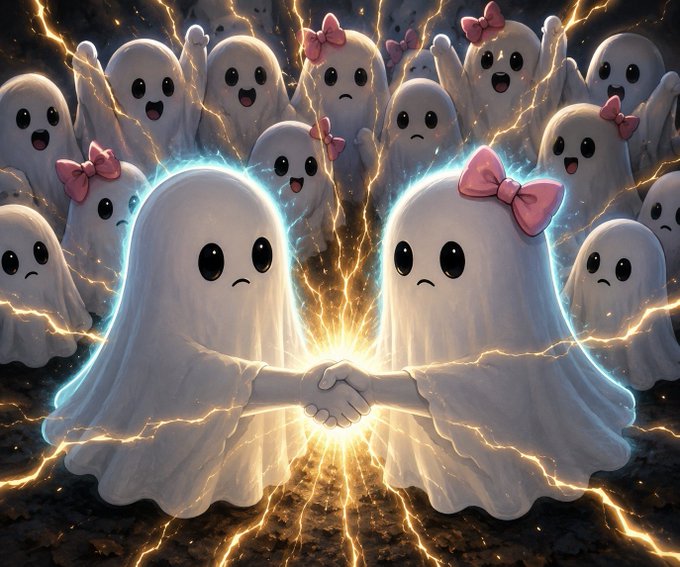 Digital illustration of two cute ghost-like figures with pink bows holding hands amidst crackling lightning, surrounded by a cheering crowd of similar ghosts.